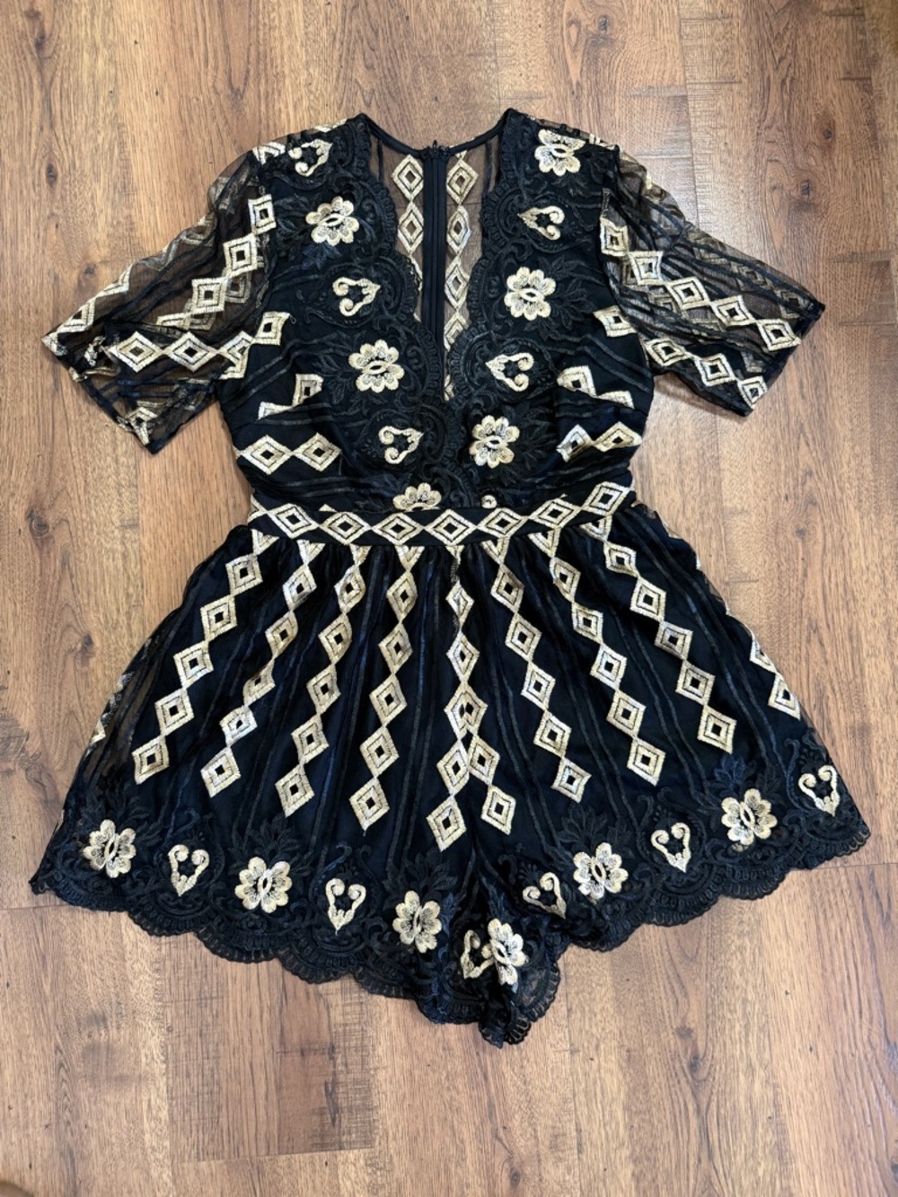 SWEET LEMON Black & Gold Embroidered Mesh Romper Lace Geometric size M - Picture 9 of 13